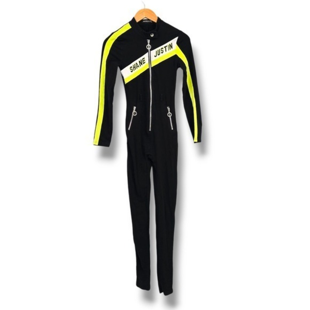 Shane Justin Bling‎ Club Y2K Jumpsuit Moto Style Neon Stripe Zip Front XS
